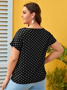 SHEIN LUNE Áo sơ mi Plus Size Cắt ra Chấm bi Giải trí - Đen và trắng - Xem 2
