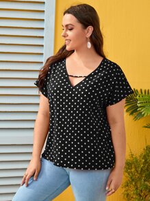 SHEIN LUNE Áo sơ mi Plus Size Cắt ra Chấm bi Giải trí - Đen và trắng - Xem 4