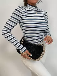 Muchica Colourful Striped Mock Neck Tee - Multicolor - View 3