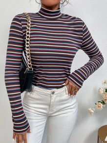 SHEIN EZwear Camiseta de rayas de colores de cuello alto - Multicolor - Ver 3