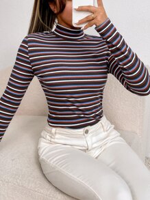 SHEIN EZwear Camiseta de rayas de colores de cuello alto - Multicolor - Ver 4