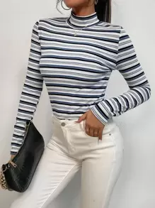 Muchica Colourful Striped Mock Neck Tee - Multicolor - View 6