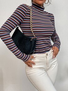 SHEIN EZwear Camiseta de rayas de colores de cuello alto - Multicolor - Ver 6