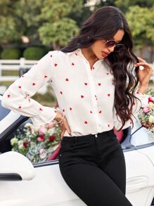 Heart Print Flounce Sleeve Shirt - Red and White - View 1