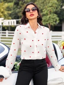 Heart Print Flounce Sleeve Shirt - Red and White - View 3