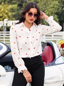 Heart Print Flounce Sleeve Shirt - Red and White - View 5