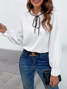 SHEIN Privé Frill Tie Neck Flounce Sleeve Blouse - White - View 1