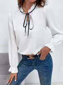 SHEIN Privé Frill Tie Neck Flounce Sleeve Blouse - White - View 3