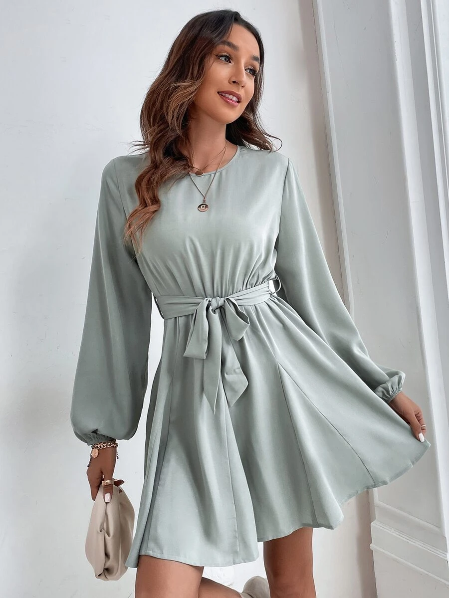 Lantern Sleeve Belted Dress - Mint Green - View 1