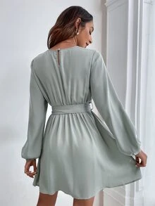 Lantern Sleeve Belted Dress - Mint Green - View 2
