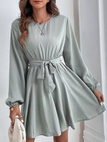 Lantern Sleeve Belted Dress - Mint Green - View 3