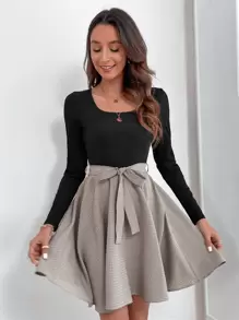 SHEIN Essnce Plaid Print Scoop Neck Belted Dress - Multicolor - View 1