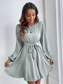 Lantern Sleeve Belted Dress - Mint Green - View 4
