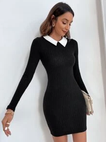 SHEIN Privé Contrast Collar Keyhole Back Bodycon Dress Without Belt - Black - View 4