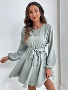 Lantern Sleeve Belted Dress - Mint Green - View 5