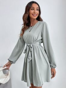 Lantern Sleeve Belted Dress - Mint Green - View 7