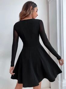 SHEIN Frenchy Surplice Neck Contrast Mesh Dress Winter Black - Black - View 2