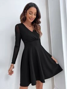 SHEIN Frenchy Surplice Neck Contrast Mesh Dress Winter Black - Black - View 6