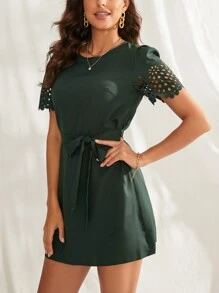 SHEIN Clasi Solid Laser Cut Out Belted Dress - Dark Green - View 5