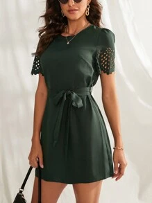 SHEIN Clasi Solid Laser Cut Out Belted Dress - Dark Green - View 6