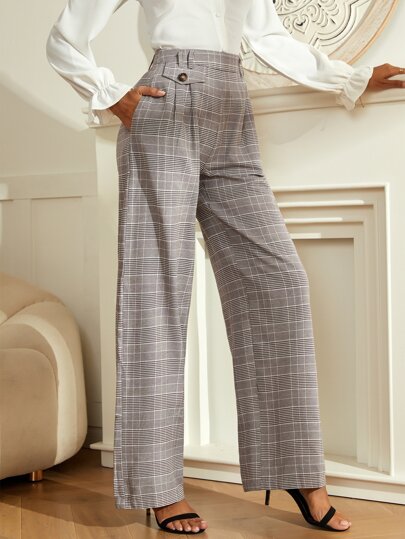 High Waist Glen Plaid Slant Pockets Pants