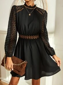 SHEIN Frenchy Guipure Lace Insert Puff Sleeve Dress - Black - View 1