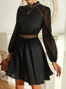 SHEIN Frenchy Guipure Lace Insert Puff Sleeve Dress - Black - View 4