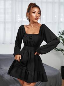 SHEIN PETITE Vestido de cuello cuadrado de manga farol bajo con fruncido - Negro - Ver 3