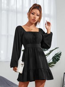 SHEIN PETITE Vestido de cuello cuadrado de manga farol bajo con fruncido - Negro - Ver 5