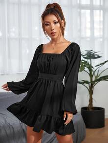 SHEIN PETITE Vestido de cuello cuadrado de manga farol bajo con fruncido - Negro - Ver 6