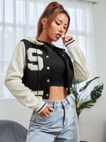 SHEIN EZwear Letter Patch Detail Two Tone Drawstring Hooded Crop Pullover Graduation,Back To School Outfits,Graduation,Teacher Outfits For Women,Back To School In Fall/Winter - Black and White - View 1