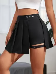 SHEIN PETITE 鉤扣紐細節不對稱褶皺夏季女裙 - 黑色 - 查看 4