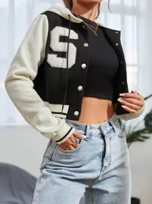 SHEIN EZwear Letter Patch Detail Two Tone Drawstring Hooded Crop Pullover Graduation,Back To School Outfits,Graduation,Teacher Outfits For Women,Back To School In Fall/Winter - Black and White - View 3