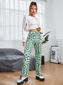 SHEIN PETITE Allover Print High Waist Trousers - Green - View 1