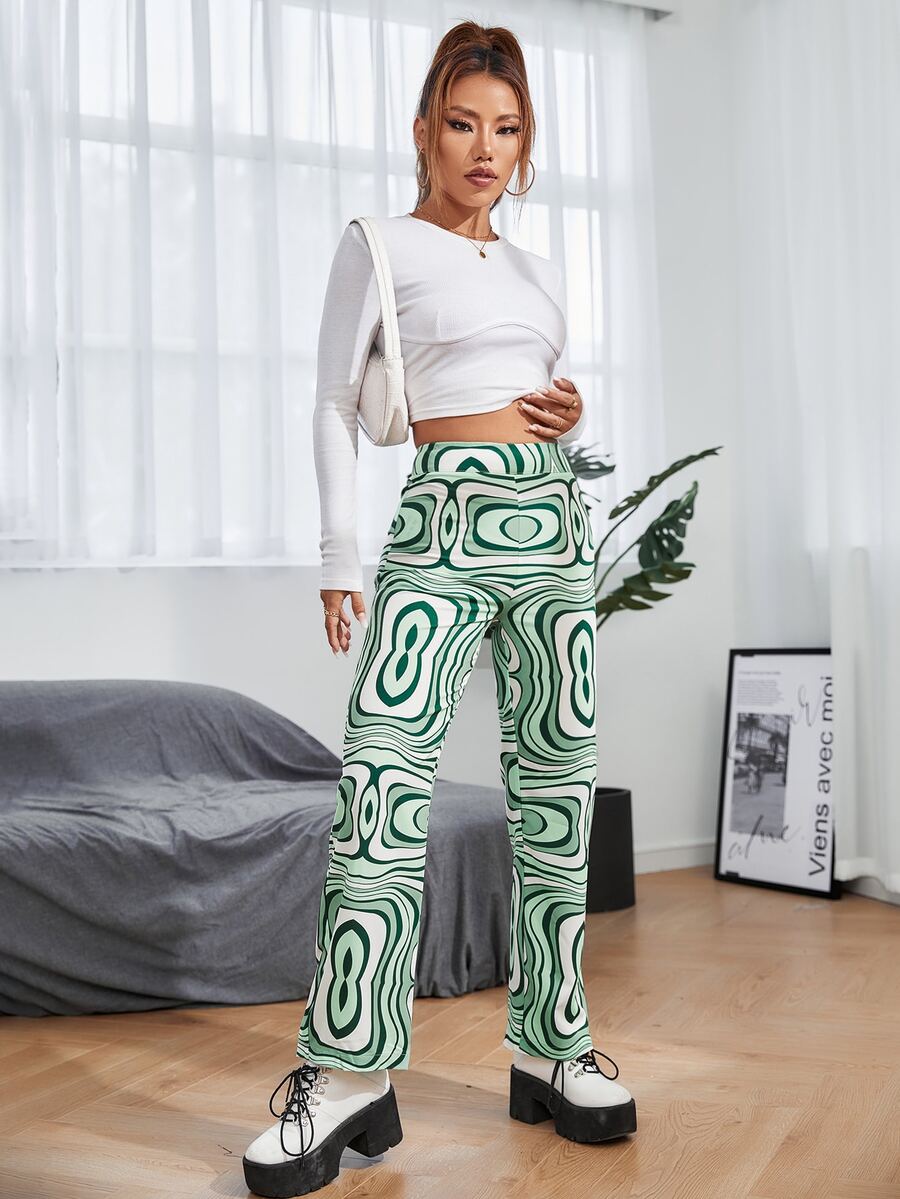 SHEIN PETITE Allover Print High Waist Trousers - Green - View 1