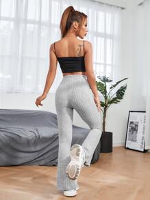 SHEIN PETITE High Waist Flare Leg Trousers - Light Grey - View 2