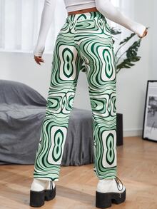 SHEIN PETITE Allover Print High Waist Trousers - Green - View 2