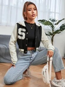 SHEIN EZwear Letter Patch Detail Two Tone Drawstring Hooded Crop Pullover Graduation,Back To School Outfits,Graduation,Teacher Outfits For Women,Back To School In Fall/Winter - Black and White - View 6