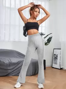 SHEIN PETITE High Waist Flare Leg Trousers - Light Grey - View 4