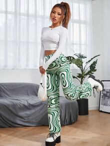 SHEIN PETITE Allover Print High Waist Trousers - Green - View 3
