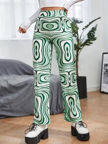 SHEIN PETITE Allover Print High Waist Trousers - Green - View 4