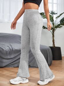 SHEIN PETITE High Waist Flare Leg Trousers - Light Grey - View 5