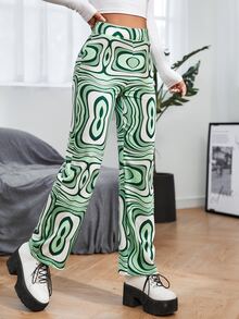 SHEIN PETITE Allover Print High Waist Trousers - Green - View 5