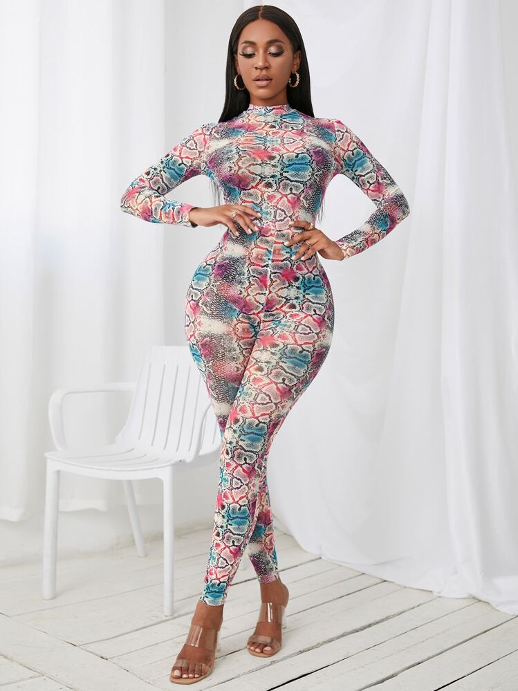 SHEIN SXY スネークスキンプリント モックネック メッシュ ユニタード