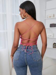 SHEIN SXY Backless Lace Up Crop Cami Top - Hot Pink - View 2