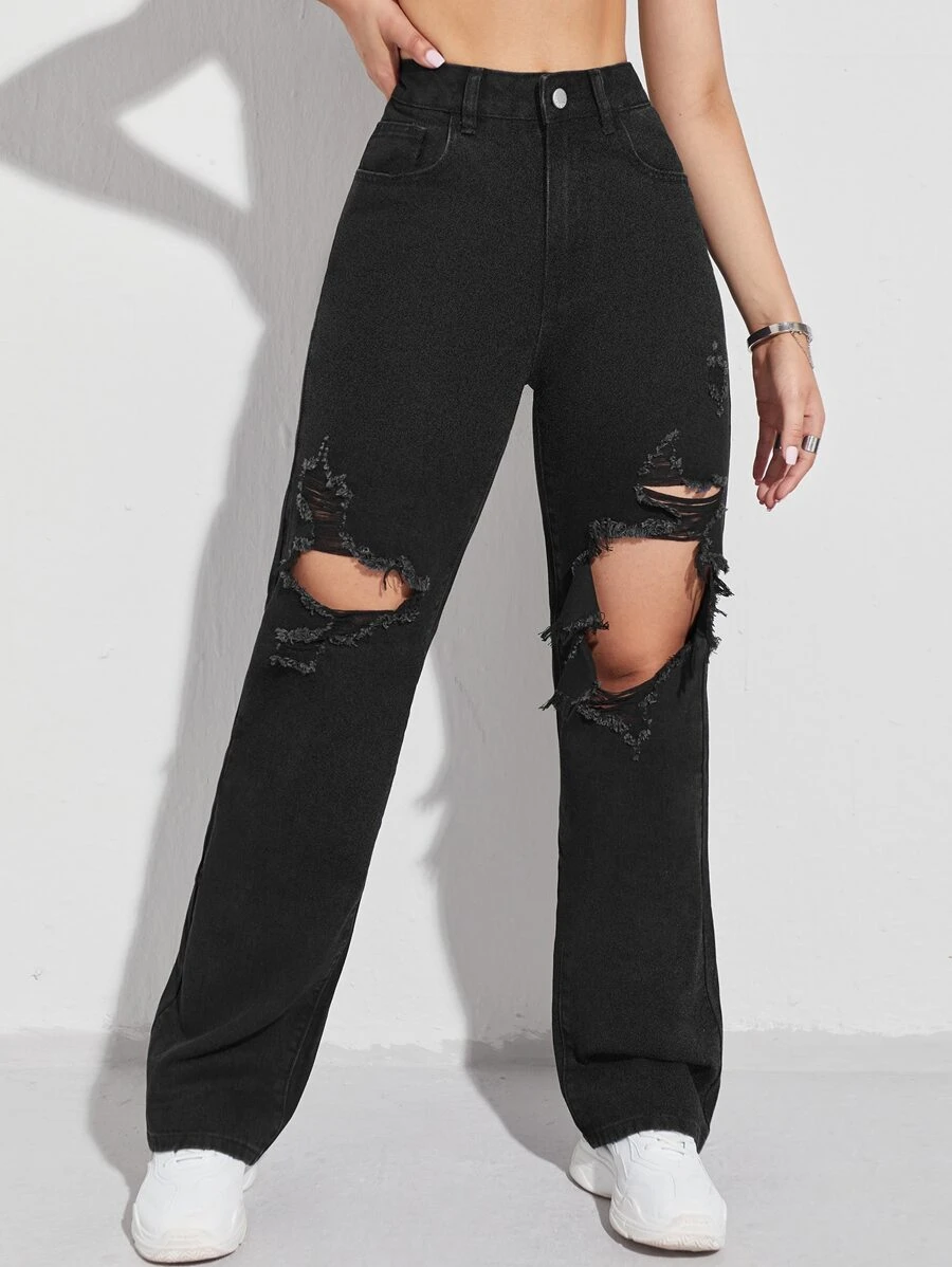 Solid Ripped Jeans - Чорний - Переглянути 1