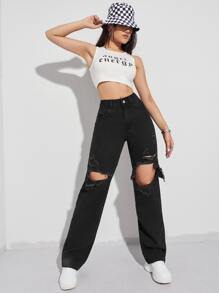 Solid Ripped Jeans - Чорний - Переглянути 2