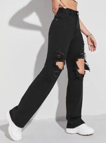 Solid Ripped Jeans - Чорний - Переглянути 3