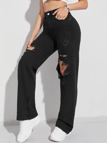 Solid Ripped Jeans - Чорний - Переглянути 5