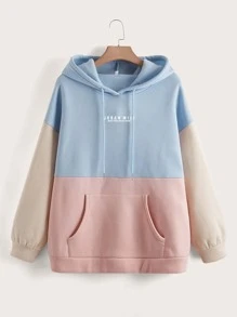 Flirla 加大码标语图案撞色落肩抽绳保暖内衬卫衣 - 彩色 - 查看 1